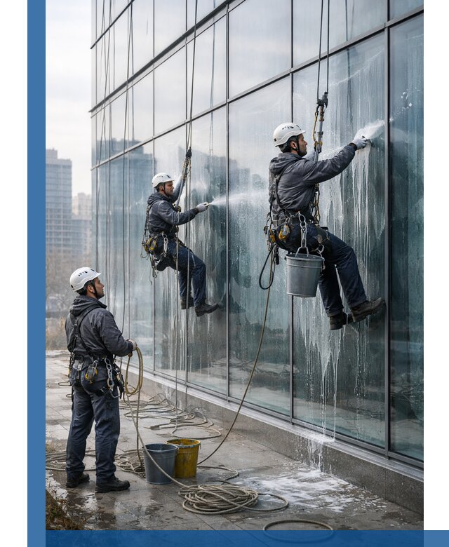 Промышленная мойка панорамных окон на высоте в Дюртюли