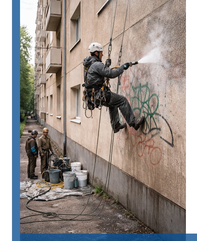 Удаление граффити с фасада в Дюртюли без следов и повреждений