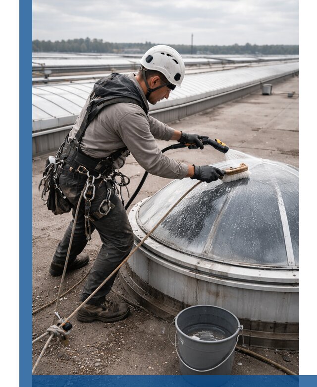 Мойка зенитных фонарей на кровле для промышленных объектов в Дюртюли