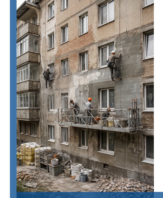 Капитальный ремонт фасада в Дюртюли с восстановлением и гидроизоляцией