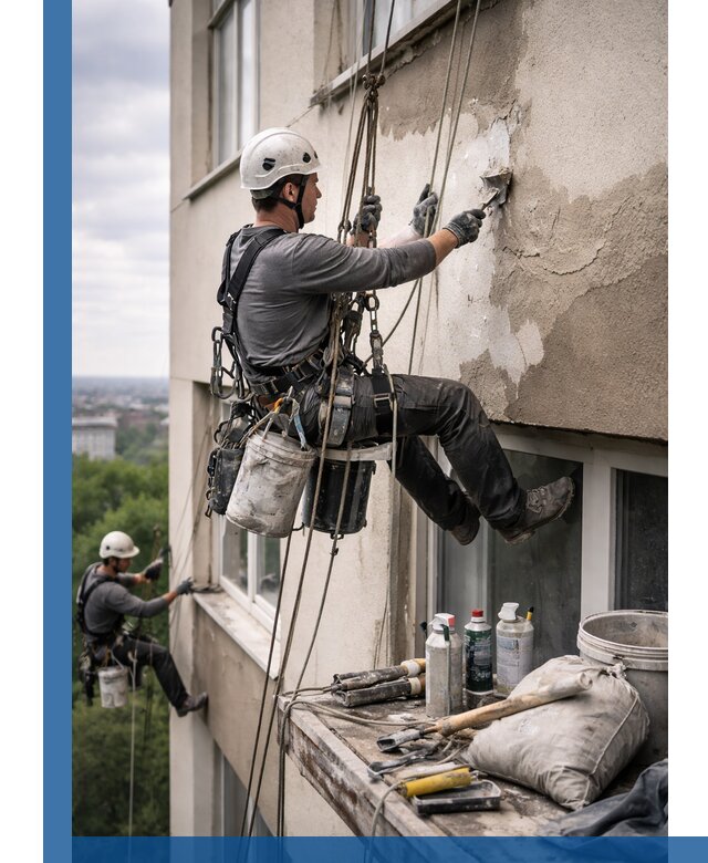 Косметический ремонт фасада зданий в Дюртюли промышленными альпинистами