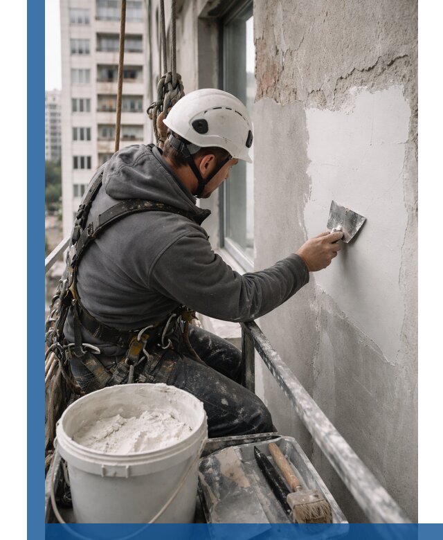 Шпаклевка фасадов на высоте с промальпинистами в Дюртюли