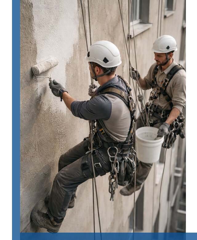 Грунтовка фасада на высоте в Дюртюли промышленными альпинистами