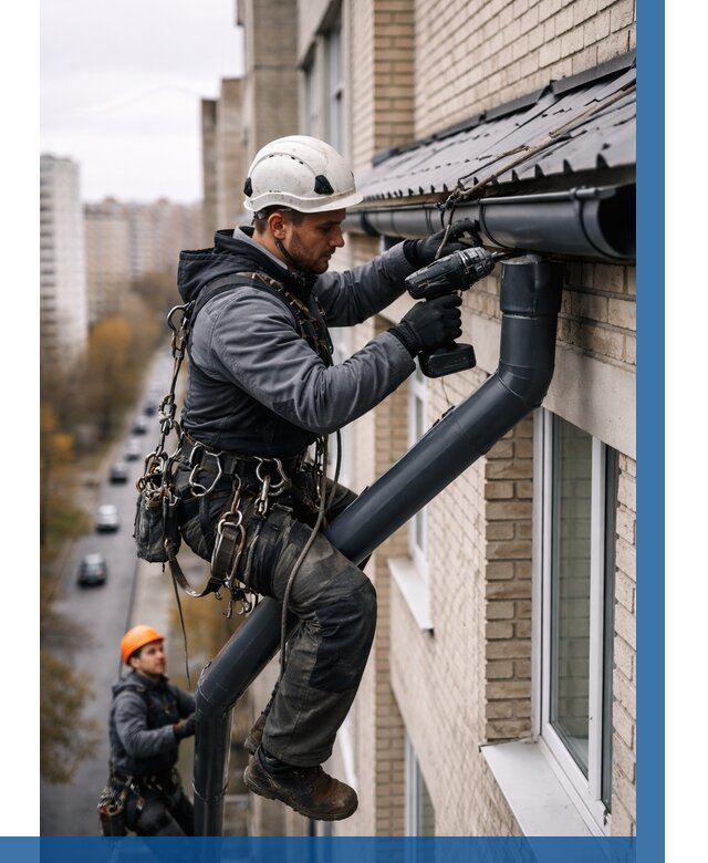 Монтаж водосточной системы на здании в Дюртюли от 5213 р. | ВЫСОТНИК-Дюр