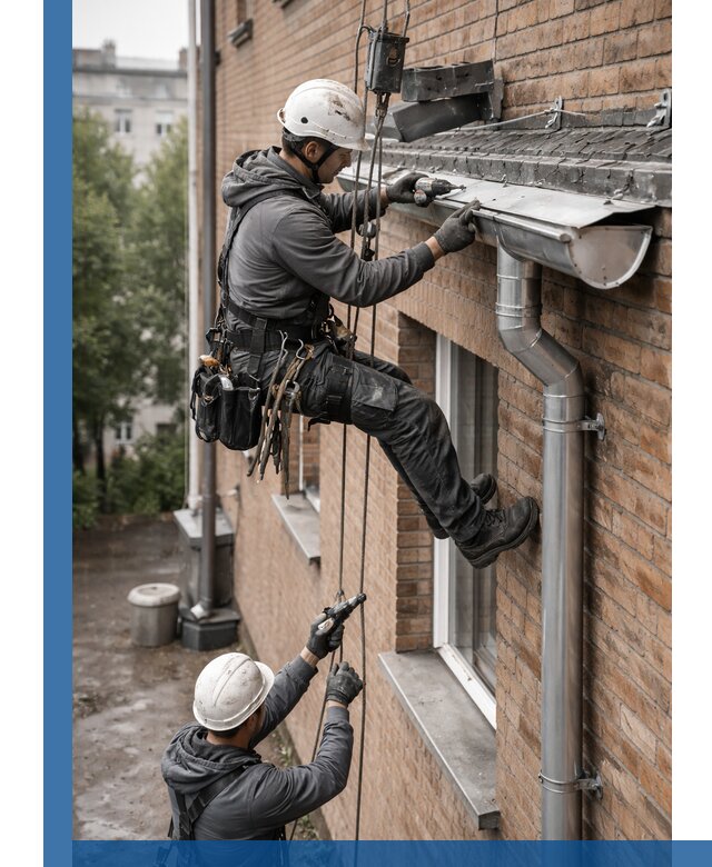 Монтаж водосточной системы на здании в Дюртюли под ключ