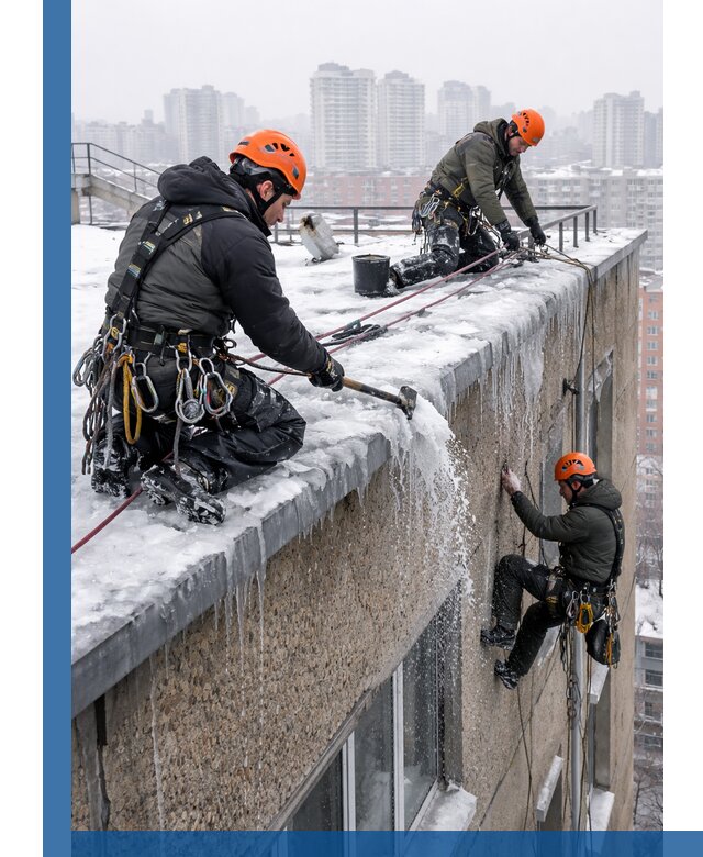 Удаление наледи с кровли в Дюртюли промышленными альпинистами