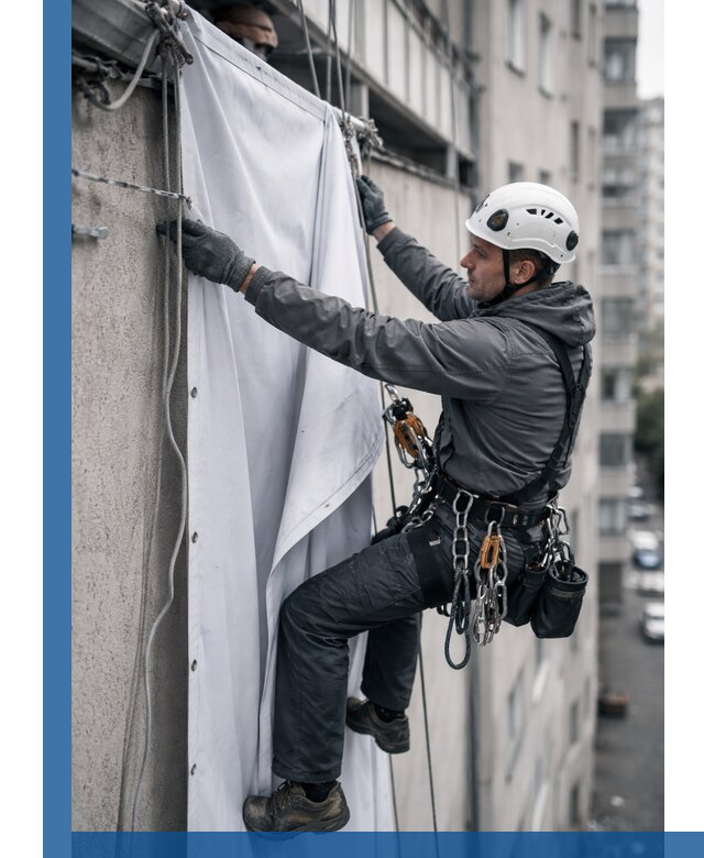 Замена баннерного полотна промышленными альпинистами в Дюртюли