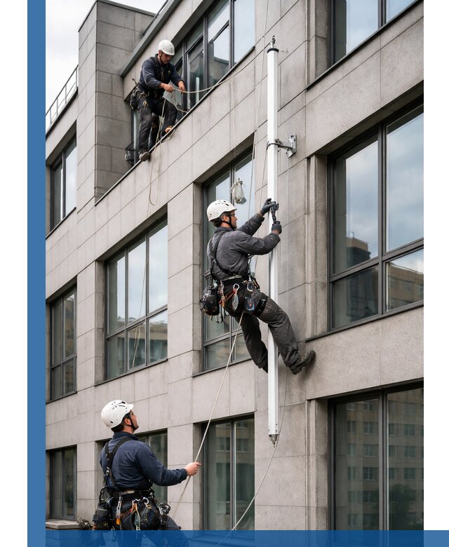 Монтаж флагштока на фасаде здания с креплением и герметикой в Дюртюли