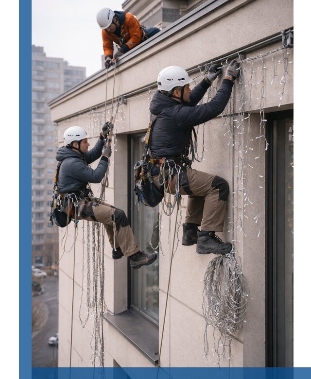 Монтаж праздничных гирлянд на фасаде в Дюртюли для зданий