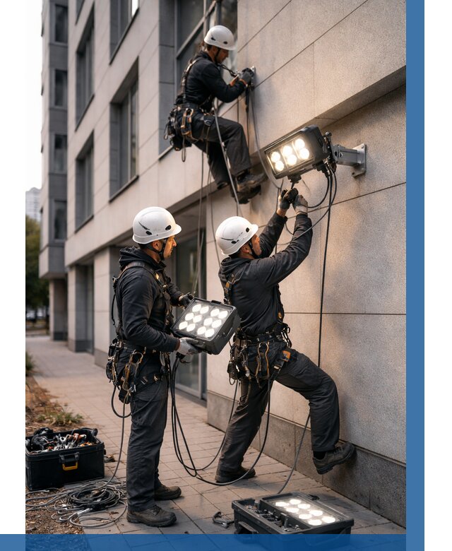 Монтаж прожекторов на фасаде в Дюртюли от 7819 р. | ВЫСОТНИК-Дюр