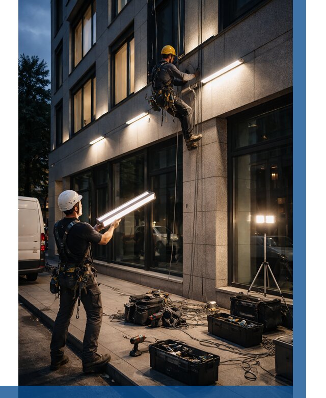 Монтаж архитектурной подсветки здания в Дюртюли от 2606 р.|ВЫСОТНИК-Дюр