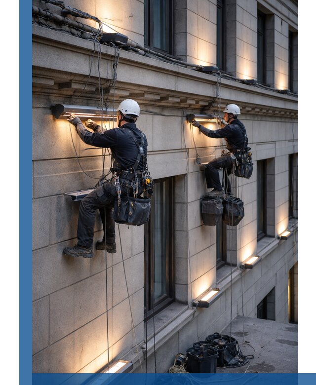 Монтаж архитектурной подсветки фасадов зданий в Дюртюли