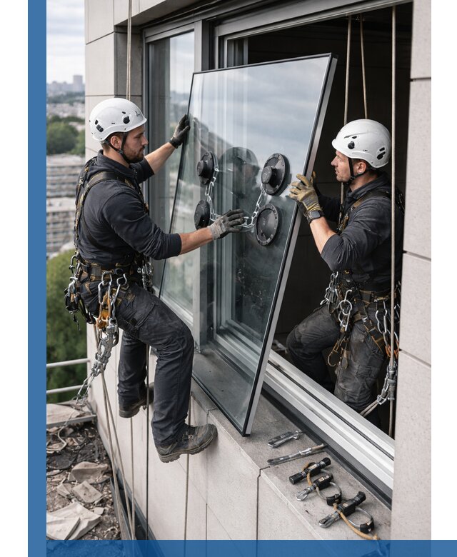 Замена стеклопакетов на высоте с промышленными альпинистами в Дюртюли