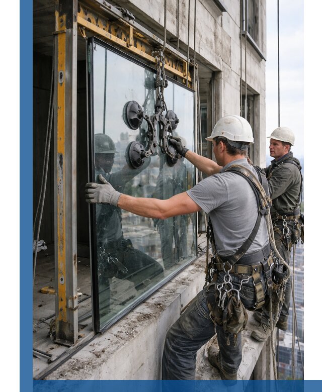 Монтаж стеклопакетов на высоте в Дюртюли с промышленным альпинизмом