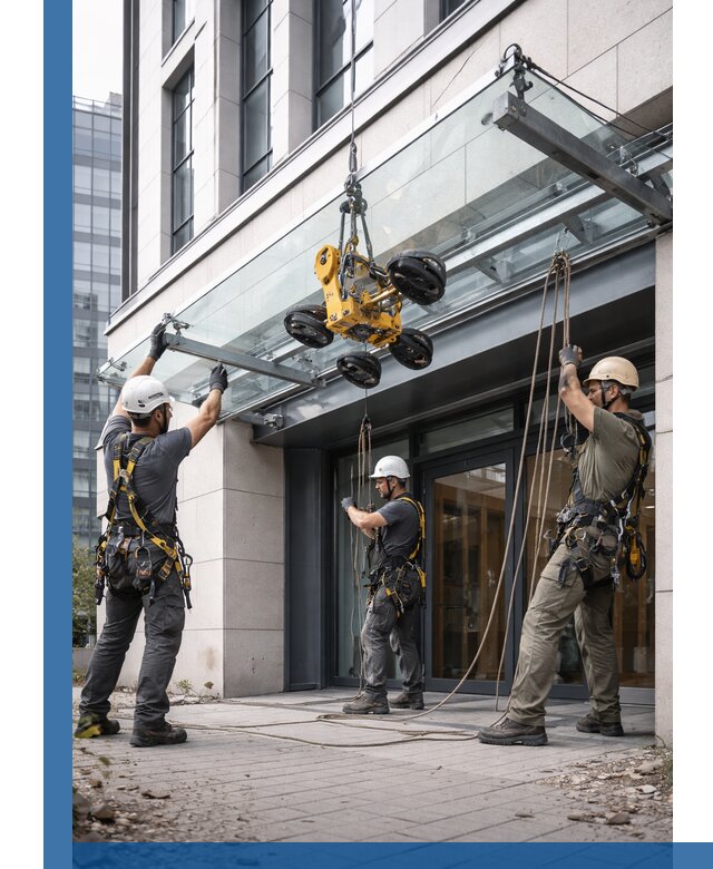 Монтаж стеклянных козырьков под ключ в Дюртюли для зданий