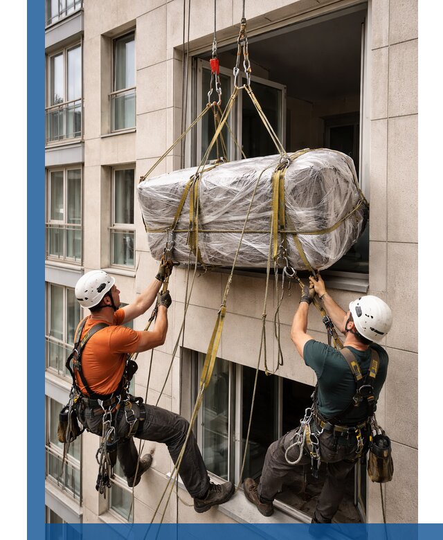 Подъем грузов через окно в Дюртюли промышленными альпинистами