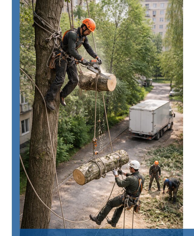 Спил деревьев альпинистами в Дюртюли, безопасно и без повреждений
